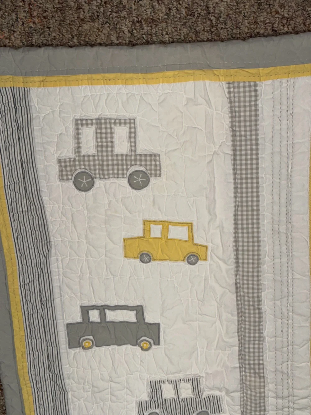 Pottery Barn Kids Gray and Yellow Car Appliqué Baby toddler Quilt blanket‎